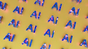 A mustard yellow background with repeated rows of the word "AI" lit up in blue and pink.